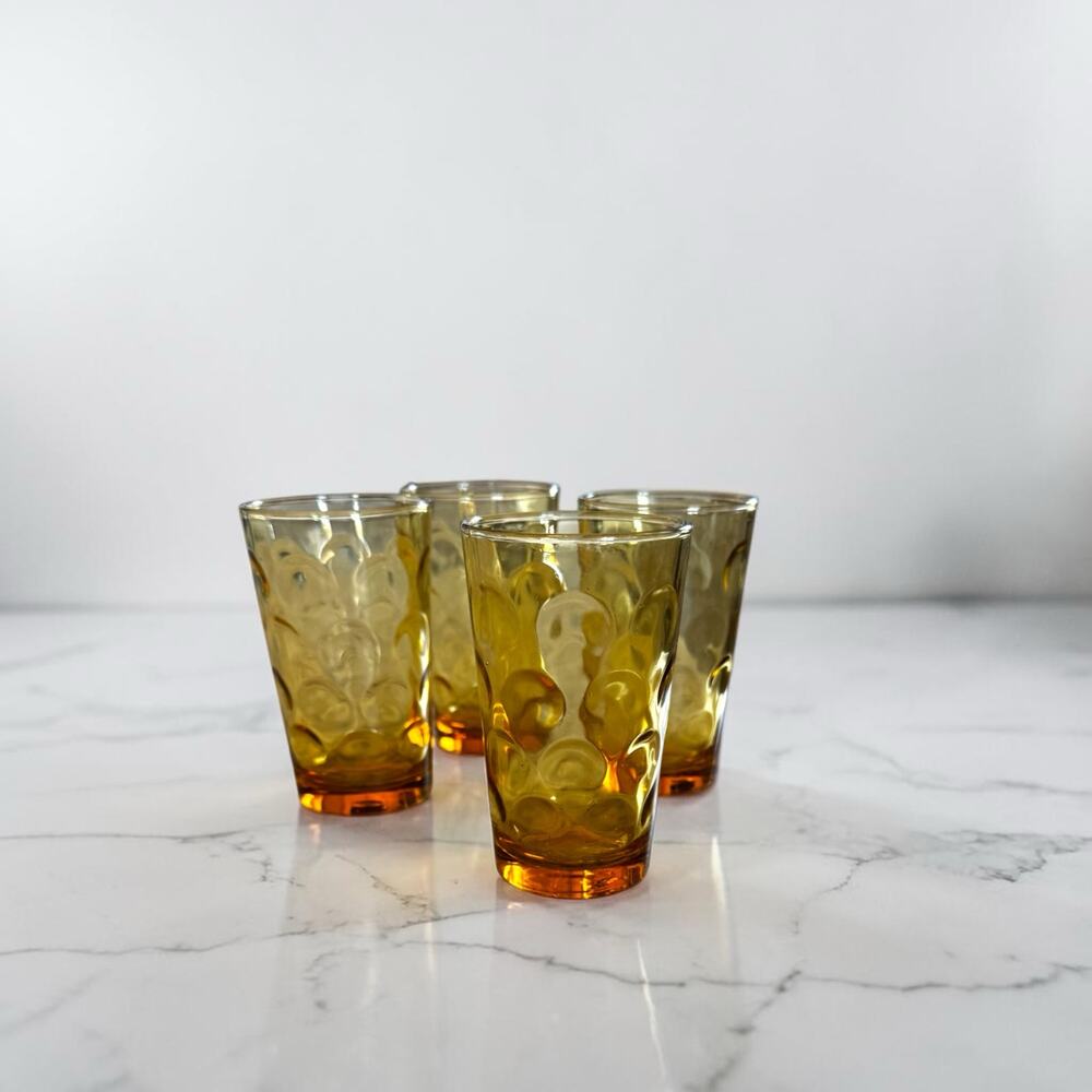Set of 4 Amber Coin Dot Glass Tumblers | Vintage 1960s 70s Juice Glasses